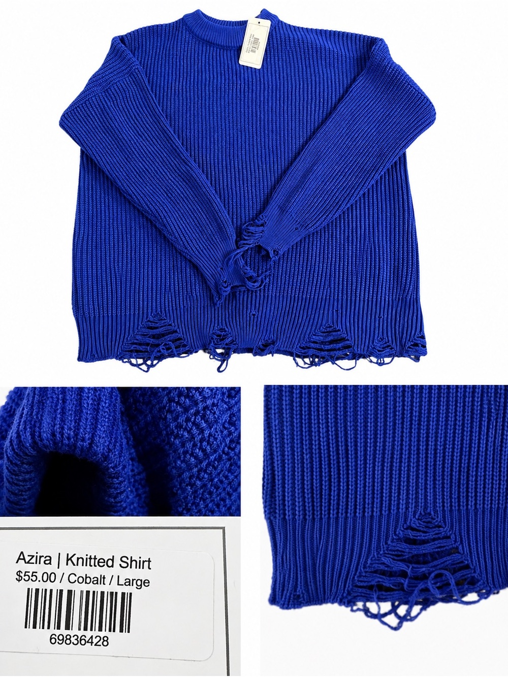 Cobalt Distressed Rib-Knit Sweater - Women's Large